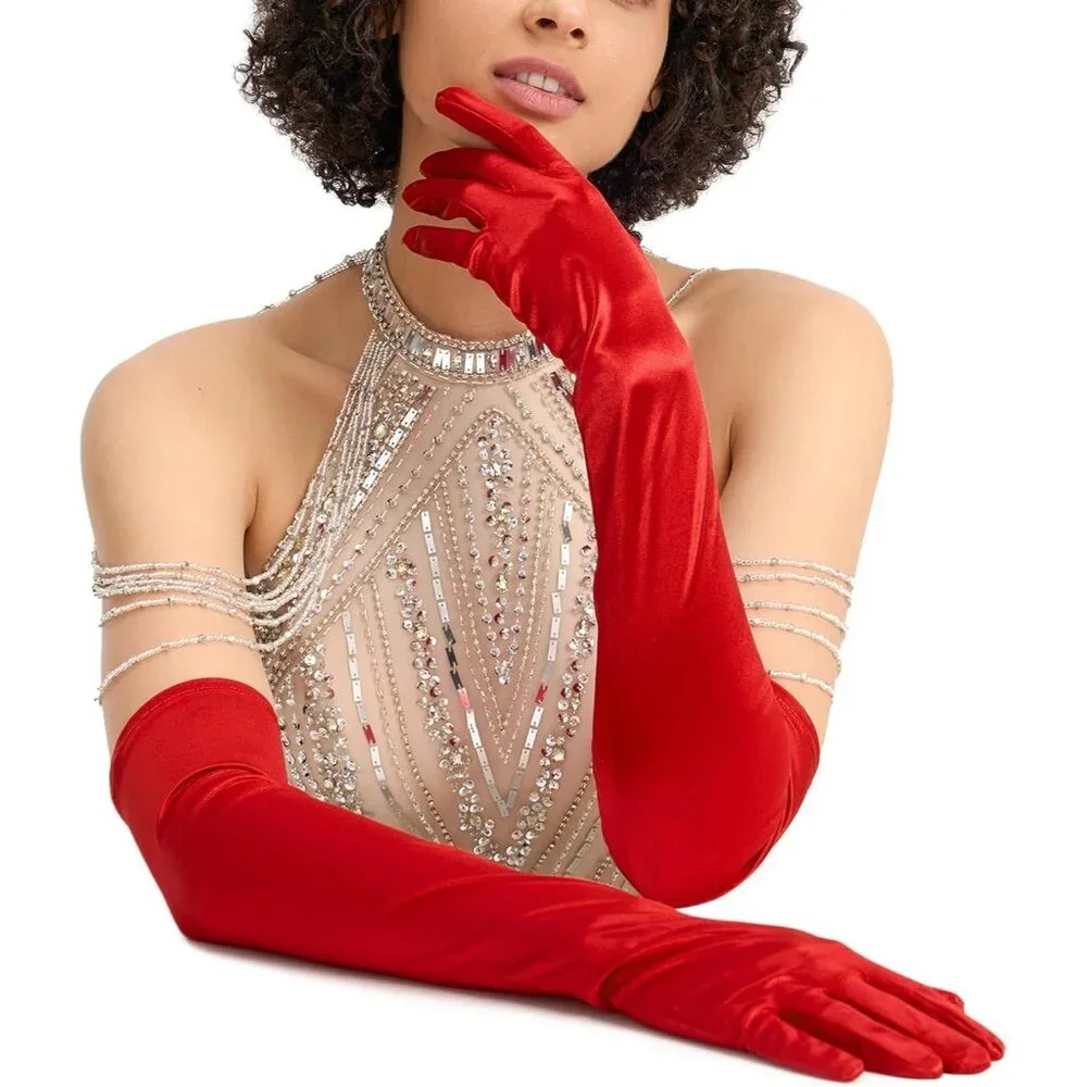 Women's Evening Red Long Satin Gloves Elbow Length Formal Party Prom Wear